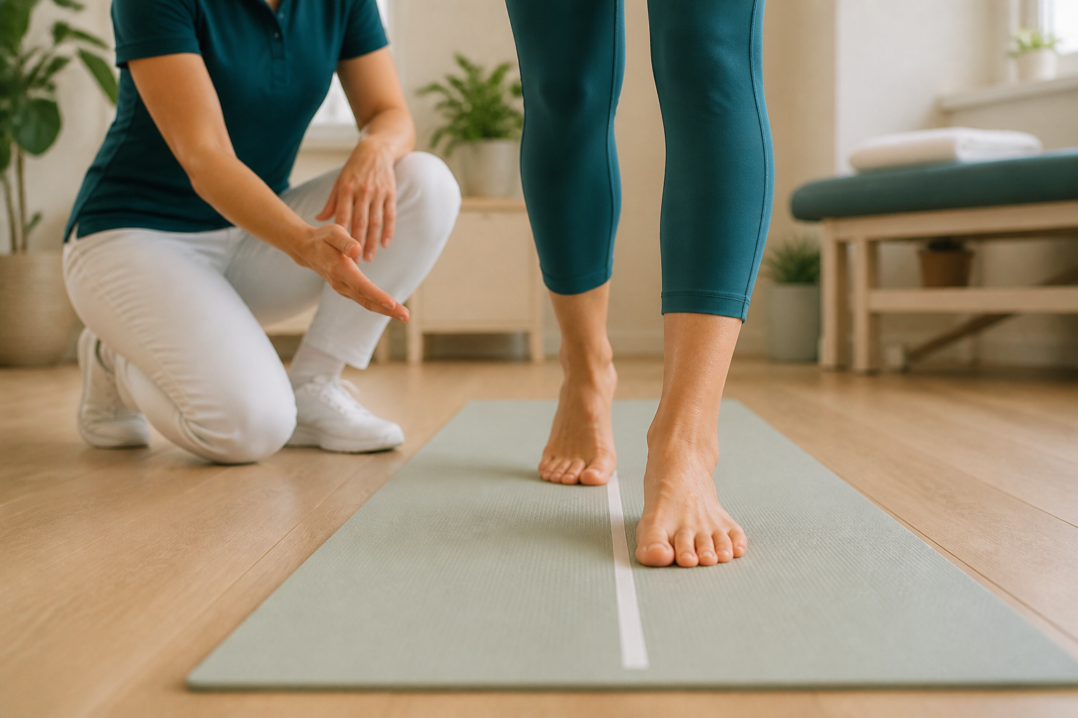 Symbolbild: physiotherapeutische Begleitung einer Gehübung, gezeigt sind Beine und Füße